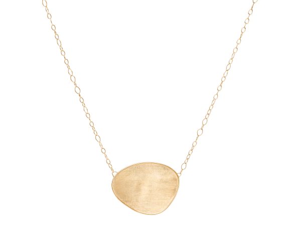 Introducing the Marco Bicego Lunaria Petal Pendant Necklace, a delicate piece featuring a thin gold chain adorned with an asymmetrical gold disc pendant. The pendant boasts a smooth, slightly textured finish that enhances its minimalist allure.