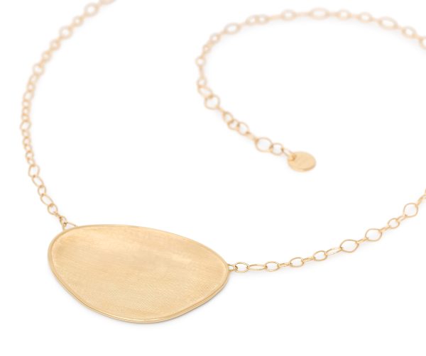 The Marco Bicego Lunaria Petal Pendant Necklace is an elegant gold piece featuring an oval-shaped pendant with a smooth, brushed texture. It comes with an adjustable chain composed of small, linked loops and includes a small round charm near the clasp, all set against a white background.