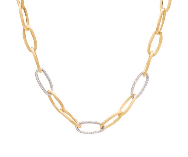 The Marco Bicego Jaipur Diamond Link Necklace features a sophisticated design with interlocking oval links in gold. Select links are embellished with small diamonds, offering a subtle sparkle that enhances the necklace's warm gold tones. This piece is both elegant and modern, making it perfect for various occasions.