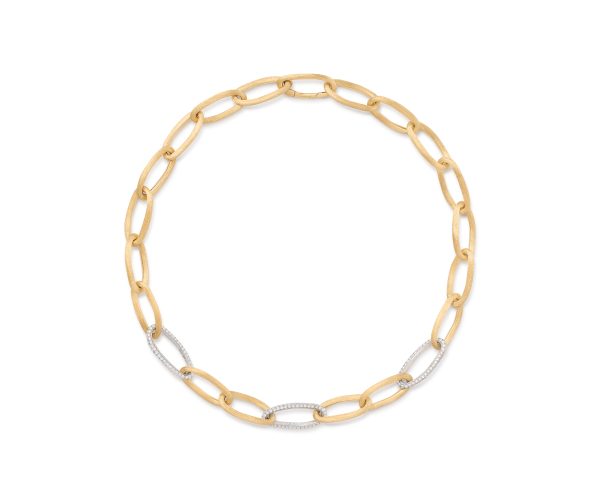 The Marco Bicego Jaipur Diamond Link Necklace showcases a sophisticated design with elongated gold chain links and a distinguished section of silver links embellished with small diamonds, perfectly merging two-tone metals for an elegant and stylish appearance.