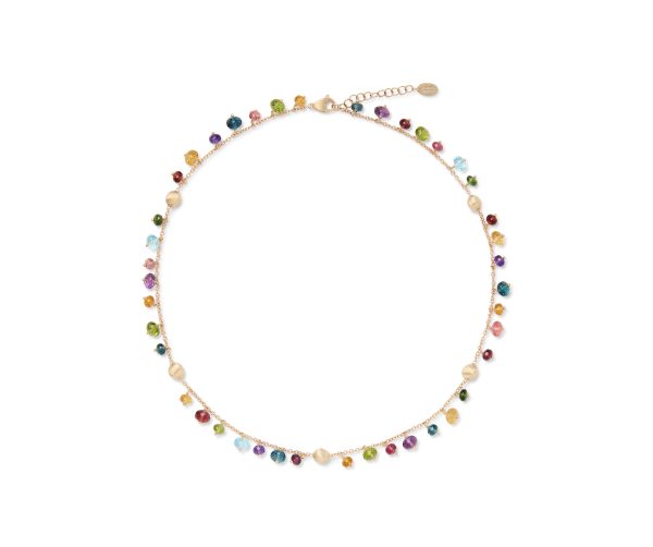 The Marco Bicego Africa Mixed Gemstone Necklace is a refined gold piece embellished with multicolored gemstones and pearls, uniformly spaced along the chain and featuring a small adjustable clasp with an extension chain for customizable length.