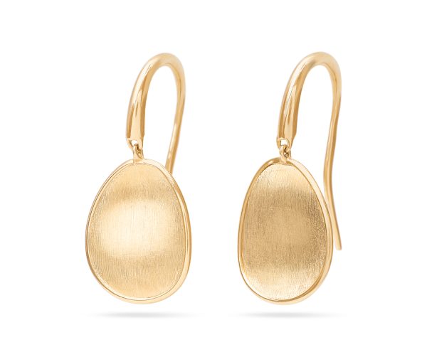 Detailed view of the sophisticated Marco Bicego Lunaria Drop Earrings - Small, showcasing a sleek, elongated oval design. Each earring is designed with a simple hook for easy fastening. The ovals feature a subtle brushed texture that adds an elegant touch.