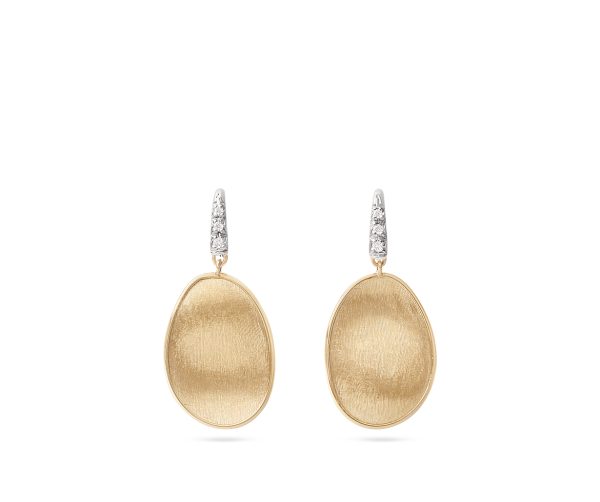 Marco Bicego Lunaria Petal Diamond Drop Earrings feature a pair of gold oval earrings with textured surfaces and silver hooks adorned with small, sparkling stones.