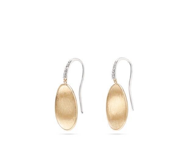 The Marco Bicego Lunaria Petal Diamond Drop Earrings feature elegant teardrop-shaped designs with a brushed gold finish, dangling from sleek silver hooks adorned with small diamonds that add a touch of sparkle to the overall design.