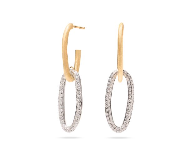 A pair of Marco Bicego Jaipur Diamond Drop Earrings, featuring elegant gold hoops with dangling oval pendants encrusted with small, sparkling diamonds.