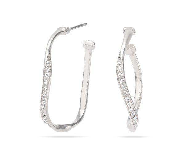 The Marco Bicego Marrakech Diamond Twist Hoop Earrings are a pair of elegant silver hoops featuring a twisted design, each embellished with small sparkling diamonds along one side.