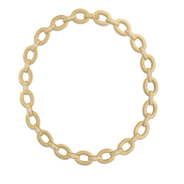 The Roberto Coin Duchessa Diamond Oval Link Collar, featuring large, oval links adorned with small, embedded diamond-like stones, is displayed in a circular arrangement against a plain white background.