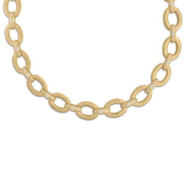 Introducing the Roberto Coin Duchessa Diamond Oval Link Collar: a luxurious gold chain necklace with large, oval-shaped links. Each link is beautifully adorned with small, embedded white diamonds at the connections, creating a polished and elegant design.