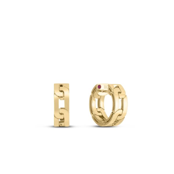 The Roberto Coin Navarra Small Hoop Earrings, featuring an interlocking chain design, are displayed with one earring shown from the front and the other from the side. The intricate details of the gold links stand out against a plain white background.