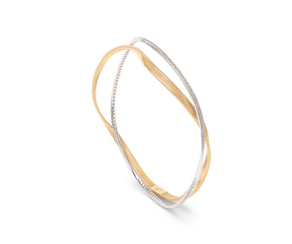 Introducing the Marco Bicego Marrakech Two-Strand Diamond Bangle, a refined piece that features an elegant twist of intertwined bangles in gold and silver. Adorned with small diamonds along the silver bangle, this accessory embodies a modern design against a white background.