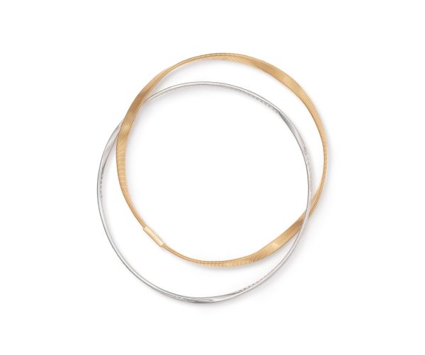 The Marco Bicego Marrakech Two-Strand Diamond Bangle features a minimalist design, crafted from intertwined silver and gold metal bands that form a continuous loop, exuding simple elegance.