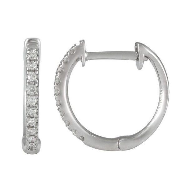 A pair of Bromberg's Signature Collection Small Diamond Hoop Earrings is shown. One earring is displayed vertically with multiple small, clear diamonds adorning the outer side. The other earring is open, revealing the closure mechanism and the inner side without diamonds.