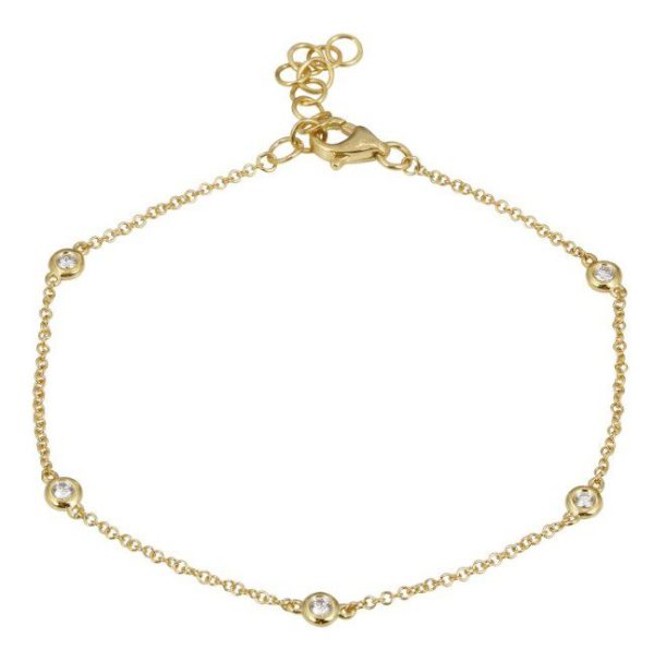 Introducing the Bromberg's Signature Collection Diamond Station Bracelet, a delicate gold chain bracelet featuring small round diamonds evenly spaced along the chain. The bracelet has an adjustable lobster clasp closure with multiple links for sizing flexibility.