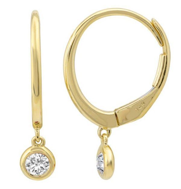 Introducing the Bromberg's Signature Collection Diamond Drop Hoop Earrings: a stunning pair of 14k gold hoops, each showcasing a small, dangling round diamond. One earring is depicted in a closed position, while the other reveals its hinge mechanism. The polished gold delivers an exquisite shine, enhancing the elegant design of these earrings.