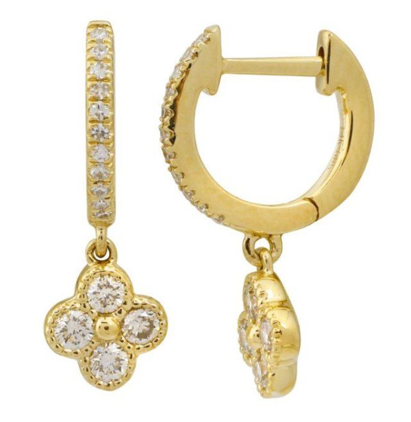 A pair of Bromberg's Signature Collection Diamond Flower Drop Earrings featuring gold hoops adorned with a row of diamonds on the outer edge and dangling clover-shaped charms, each encrusted with small white diamonds.