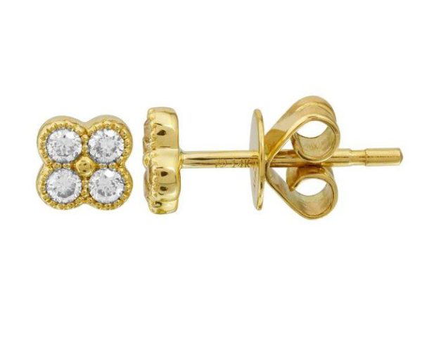 A close-up image of a single Bromberg's Signature Collection Diamond Quad Stud Earring. The earring showcases a floral-shaped design with four petals, each adorned with a small diamond in the center. The back of the earring is shown with a butterfly clutch, and the metal has a shiny, polished finish.