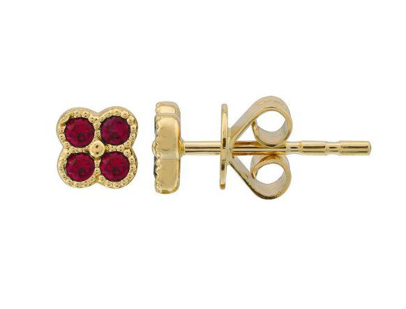 Introducing the Bromberg's Signature Collection Ruby Quad Stud Earrings, featuring an elegant four-petal flower design. Each delicate petal is adorned with a small, round red gemstone. These minimalist gold stud earrings come with a butterfly back closure and are perfect for various occasions.