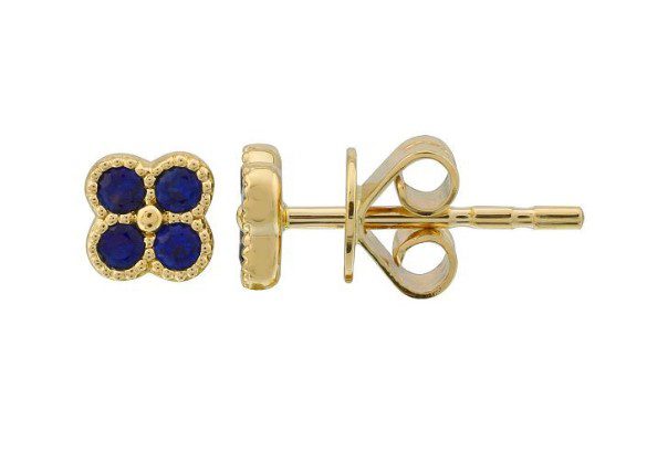 Introducing the Bromberg's Signature Collection Sapphire Quad Stud Earrings, a stunning pair of gold stud earrings featuring a unique four-petal flower design. Each petal is beautifully crafted with a round blue sapphire gem. The elegant earrings come complete with both the stud and butterfly clutch, ensuring every detail from front to back is visible and exquisite.