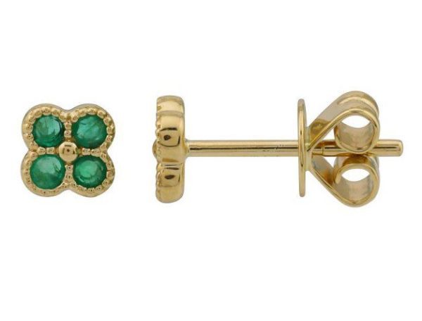 The Bromberg's Signature Collection Emerald Quad Stud Earrings are showcased. Each earring boasts a clover-like design adorned with four small green stones at the center. One earring is flipped to reveal its gold post and butterfly clasp.