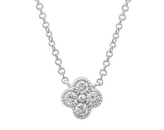 The Bromberg's Signature Collection Diamond Clover Necklace showcases a delicate silver chain with a clover-shaped pendant. Each of the four petals of the pendant is encrusted with multiple small diamonds, resulting in a stunning shimmering effect.