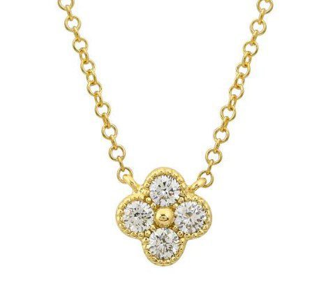 The Bromberg's Signature Collection Diamond Clover Necklace showcases a delicate gold chain adorned with an elegant, symmetrical four-leaf clover pendant. Each of the four leaves sparkles with a diamond, centered around a small gold bead.