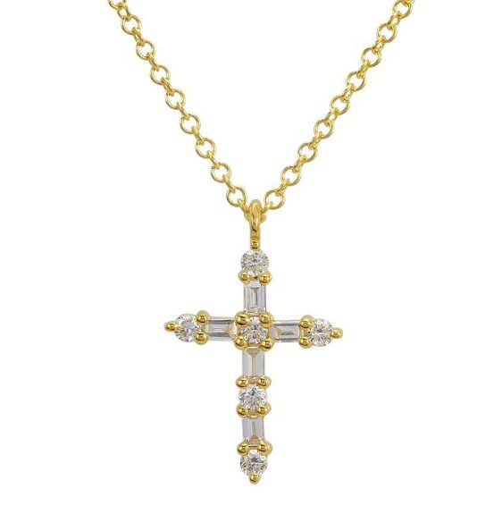 The Bromberg's Signature Collection Diamond Cross Necklace is a gold chain necklace featuring a cross-shaped pendant. The cross is embellished with small, sparkling diamonds at each end and along its length, giving it a luxurious and elegant appearance.