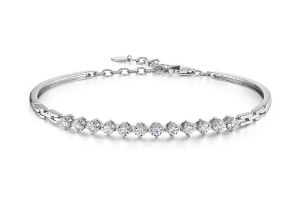 Presenting the Bromberg's Signature Collection Diamond Bangle: A silver bangle adorned with a row of square-cut diamonds elegantly set in a single line. The bracelet features an adjustable chain and clasp for secure fastening, showcased against a plain white background.