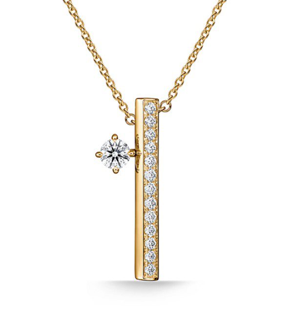 The Hearts on Fire Barre Floating Diamond Pendant Necklace features a vertical bar pendant adorned with small diamonds. A single larger, round diamond is situated to the left of the bar, enhancing its simple yet elegant design. The delicate gold chain adds the perfect touch to complement the pendant's sparkle.