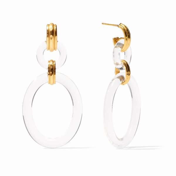 Introducing the Julie Vos Madison Link Earring: a pair of stylish earrings featuring a combination of clear acrylic and gold-tone materials. Each earring showcases a smaller acrylic circle joined to a larger one with two gold-tone bands, complemented by a gold-tone post for fastening. They are elegantly displayed against a white background.