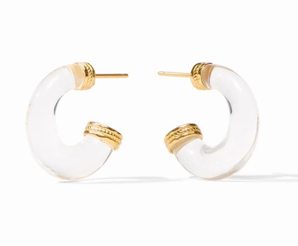 The Julie Vos Madison Statement Hoops are a pair of clear resin hoop earrings accented with gold-toned metal at the ends and along the middle, featuring textured detailing. These contemporary earrings have a post-back fastening and blend a transparent look with elegant metallic elements.