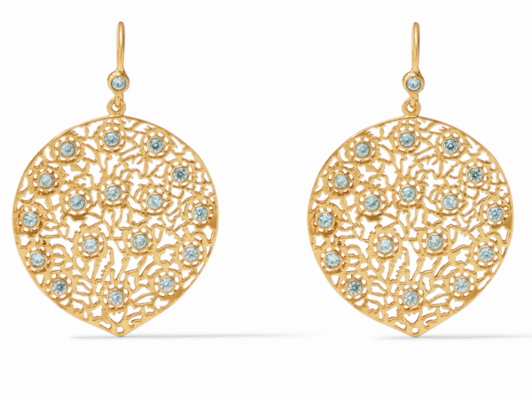 The Julie Vos Peacock Earrings are a pair of gold drop earrings featuring an intricate circular filigree design, adorned with multiple small blue gemstones. These earrings exude a delicate and elegant appearance.