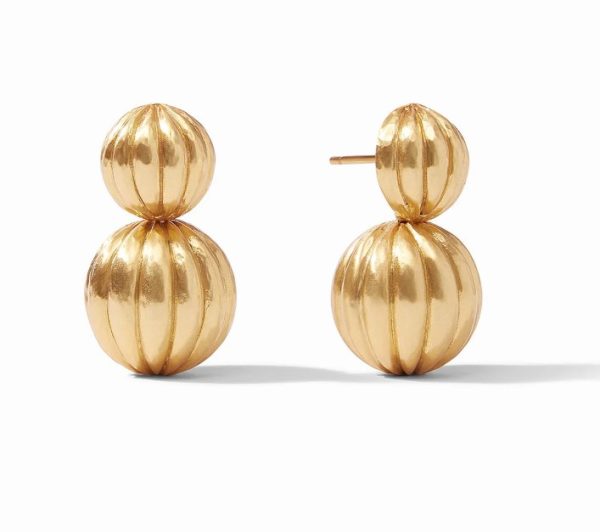 The Julie Vos Cirque Earring features a sophisticated double sphere design, characterized by two gold-tone ribbed spheres on each earring—a smaller sphere elegantly stacked atop a larger one. These earrings include a stud post for comfortable wear and are beautifully presented against a plain white background.