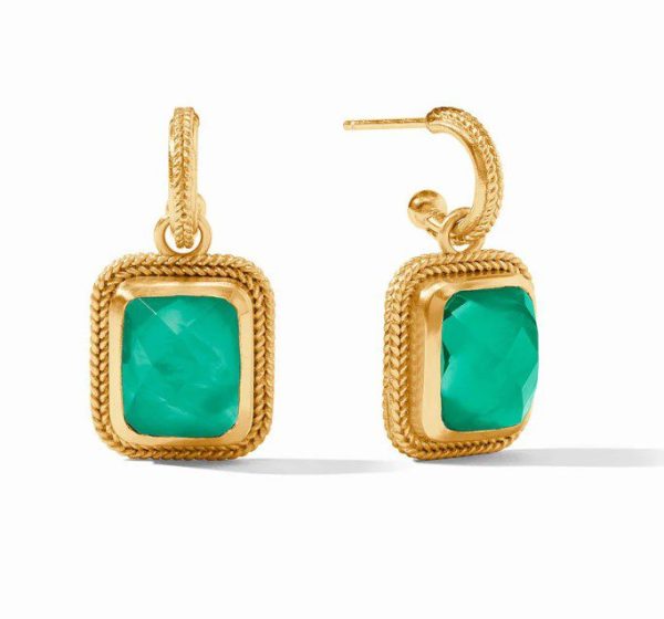 The Julie Vos Cheval Hoop & Charm Earrings in Iridescent Emerald Green feature square emerald-green gemstones at the center, surrounded by intricate gold rope detailing. These earrings come with a hook fastening and are displayed against a white background.