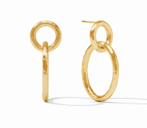 The Julie Vos Catalina Link Earrings feature a pair of glossy gold earrings, each showcasing two interlocking rings of different sizes. The smaller ring attaches the earring to the post, while a larger ring dangles elegantly below. They cast a subtle shadow on the white background.