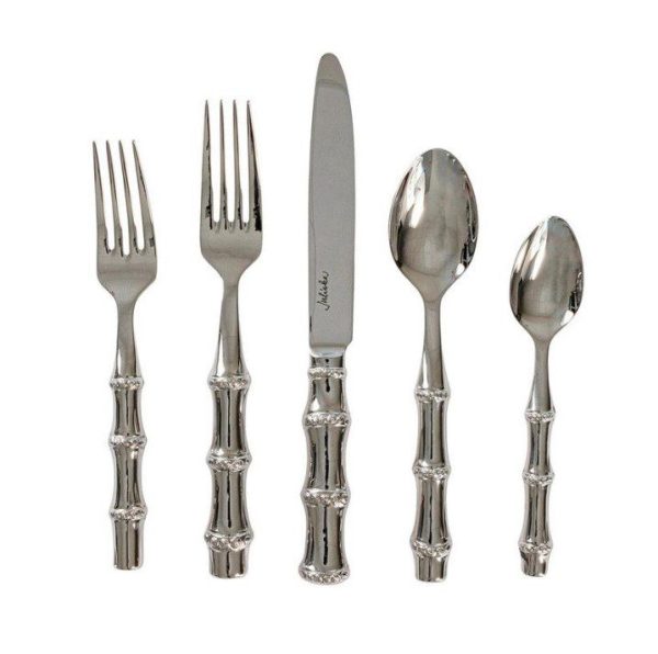 Introducing the Juliska Bamboo 5pc Place Setting - Polished: a set of five stainless steel utensils with shiny, polished handles designed to resemble bamboo. The set includes two forks, a knife, a tablespoon, and a teaspoon.