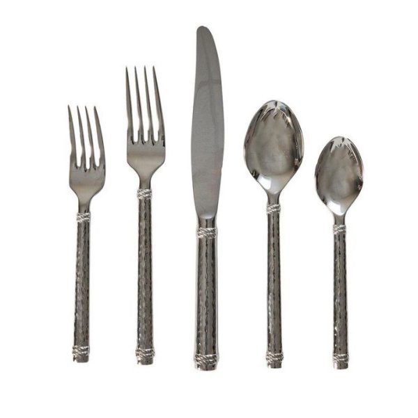 A beautifully arranged set of the Juliska Graham 5pc Place Setting - Polished silverware pieces lies in sequence. From left to right: a salad fork, a dinner fork, a dinner knife, a soup spoon, and a teaspoon. Each utensil showcases an elegantly textured handle with intricate detailing near the top.