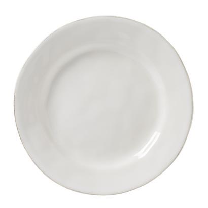 A Juliska Puro Dessert/Salad Plate in Whitewash, featuring a white, round ceramic design with a smooth, slightly raised rim. The plate boasts a clean and simple aesthetic without any visible patterns or markings.