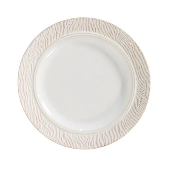 The Juliska Blenheim Oak Dessert/Salad Plate in Whitewash features a round, white ceramic design with a textured, light brown wood grain pattern around the rim, while the central area remains smooth and unadorned.