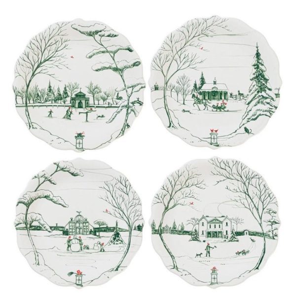 Introducing the Juliska Country Estate Winter Frolic Party Plates Set of 4 in Wintergreen, each adorned with charming illustrations of winter scenes. These decorative plates feature snowy landscapes with bare trees, buildings, and people joyfully skating, skiing, or playing in the snow.