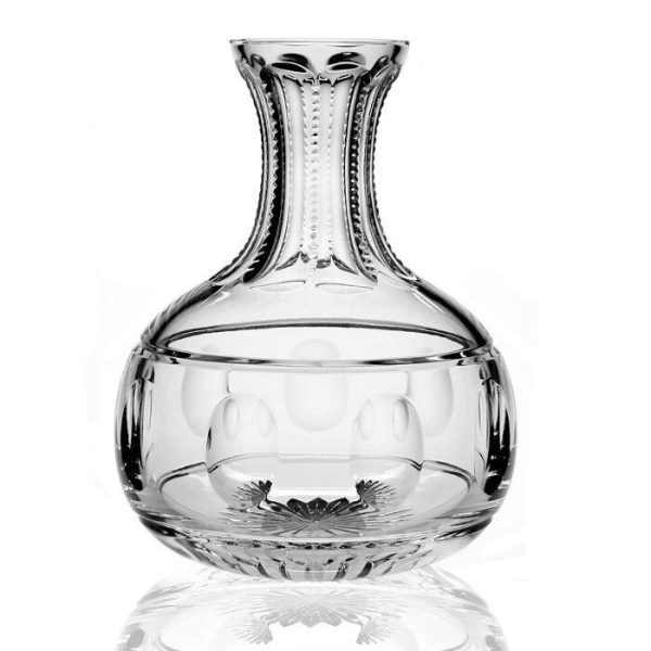 Introducing the William Yeoward Rachel Wine Carafe: a clear, intricately designed carafe with a wide, bulbous base that elegantly tapers into a narrow neck, adorned with detailed patterns and engravings on both the neck and body.