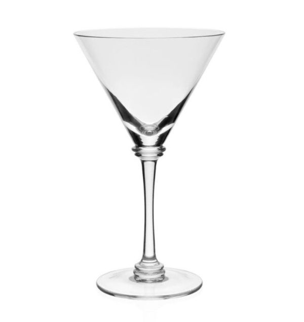 A William Yeoward Cornelia Martini Glass, featuring a wide rim and a long, slender stem, set against a white background. The glass showcases a classic conical shape and rests on a round base.