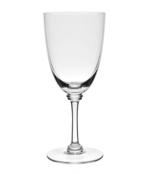 The William Yeoward Cornelia Goblet Glass, with its clear and empty design, features a slender stem and a slightly curved bowl. It is centered against a plain white background, showcasing its simple yet elegant design with a smooth surface and a round base.