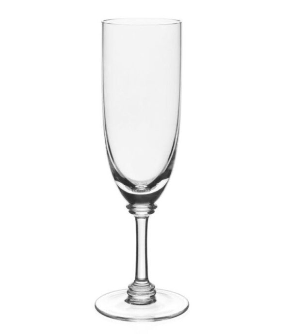 A clear, empty William Yeoward Cornelia Champagne Flute with a slender stem stands against a white background. Its elongated bowl tapers slightly toward the top, and it features a smooth, circular base.