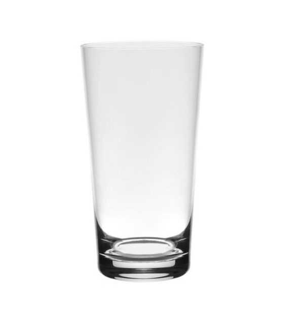 The William Yeoward Cornelia Tumbler Highball is a clear, empty cylindrical glass with a slightly wider top than base, standing upright against a plain white background. Its smooth surface and thick bottom enhance its elegant design.