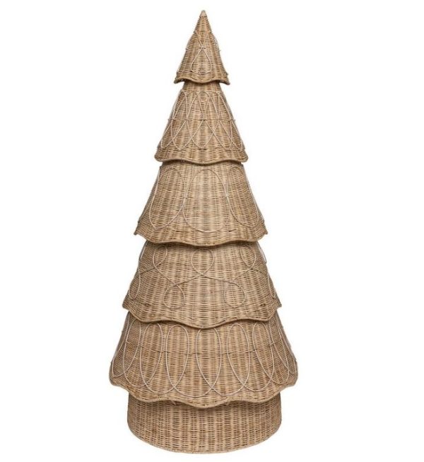 The Juliska Provence Rattan Tree - 5 ft is a decorative tree-shaped structure crafted from light brown woven wicker, featuring multiple tiered layers that resemble a Christmas tree. Its intricate wave-like patterns contribute to its natural and rustic appearance.