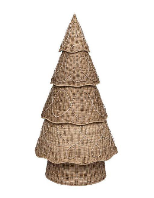 The Juliska Provence Rattan Tree - 4 ft is a decorative Christmas tree made from woven rattan. This tiered tree features loops of white string that adorn each section, creating a simple yet elegant design. Its natural brown color and wicker texture give it a rustic, handmade appearance.