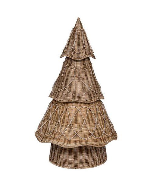 The Juliska Provence Rattan Tree - 3 ft is a decorative Christmas tree with three tiered sections and a woven design. It features intricate, looping patterns of white wire that enhance its natural, rustic appearance with a festive touch.