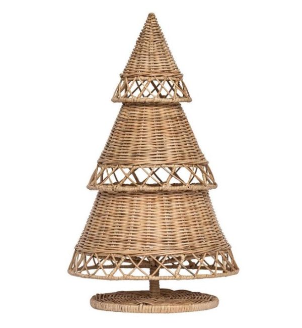 The Juliska Provence Rattan Tree - 24 in is a decorative Christmas tree made from woven rattan. It features a conical shape with three tiers, each layer separated by a small space and supported by a sturdy base crafted from the same material. The design is open and lattice-like, giving it a rustic appearance.