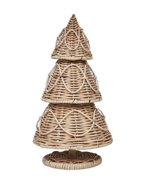 The Juliska Provence Rattan Tree - 16 in is a handcrafted wicker Christmas tree decoration featuring a tiered design and white cord accents, standing on a circular wicker base. The tree shape is beautifully formed by tightly woven natural-colored wicker strands.