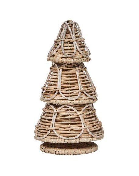 The Juliska Provence Rattan Tree - 10 in is a decorative, cone-shaped Christmas tree made of interwoven wicker strands, featuring three distinct tiers. The wicker is mostly natural brown with white woven accents, giving it a rustic and handcrafted appearance.